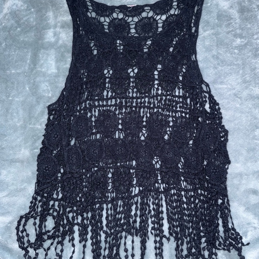 Black Crochet Fringe Top